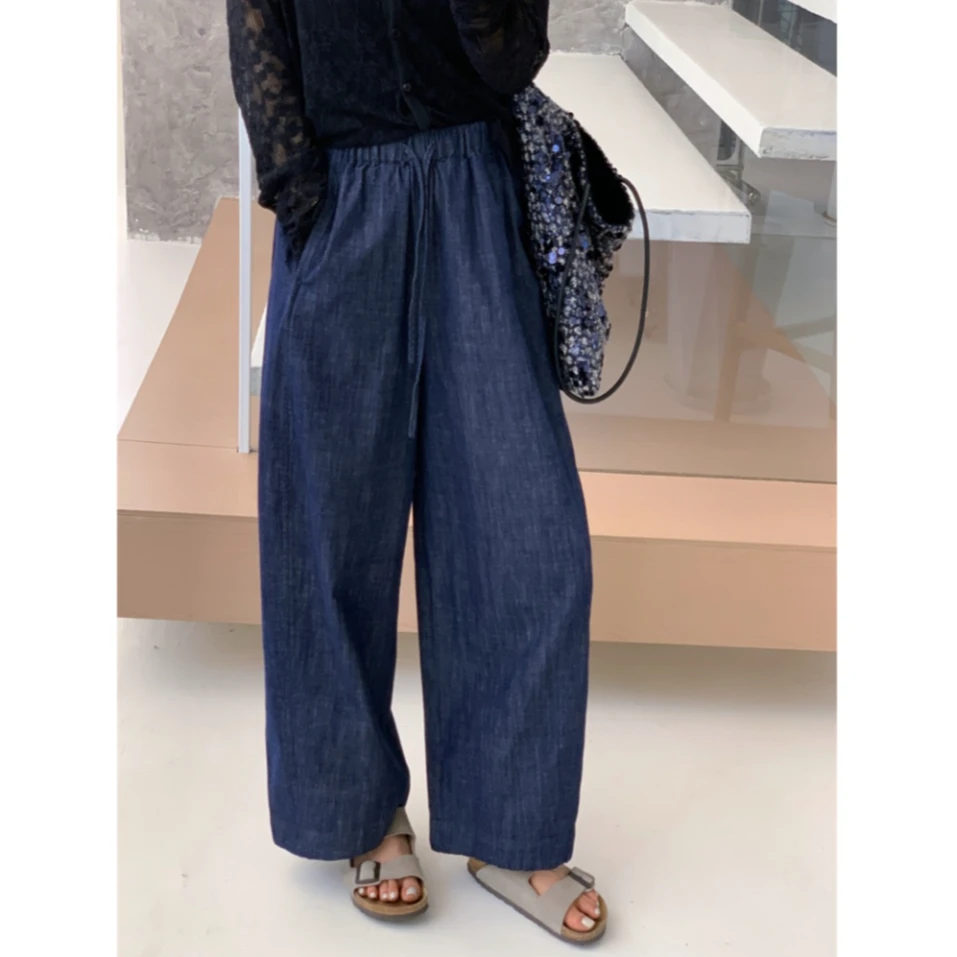 2025早秋松弛感抽绳九分奶奶裤女梨形身材高腰显瘦宽松阔腿牛仔裤