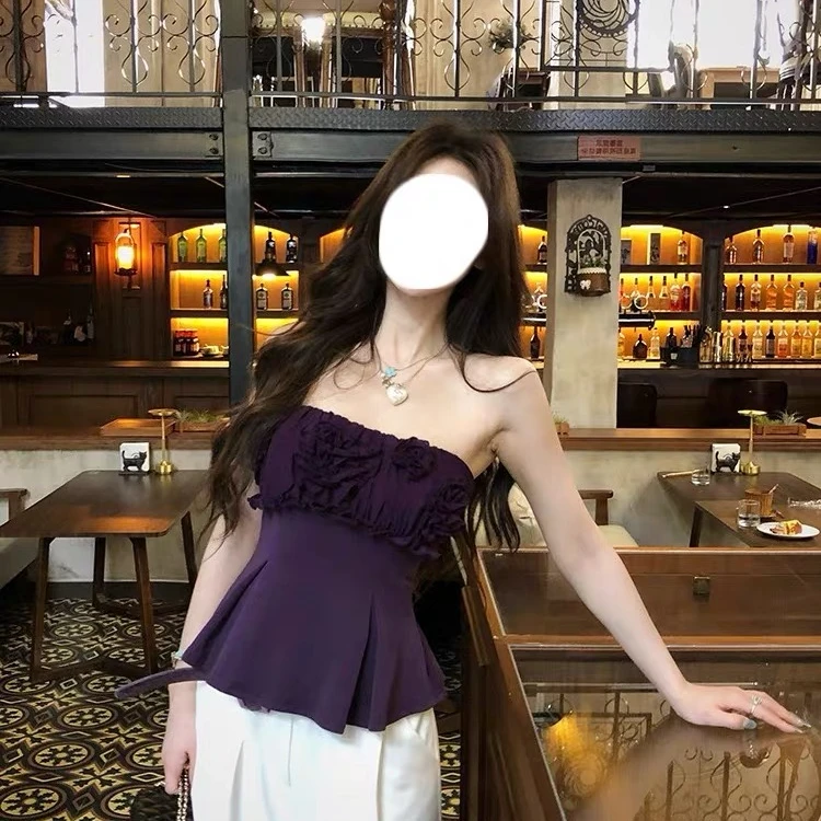 紫色修身抹胸女夏季新款时尚辣妹针织立体花朵收腰显瘦上衣