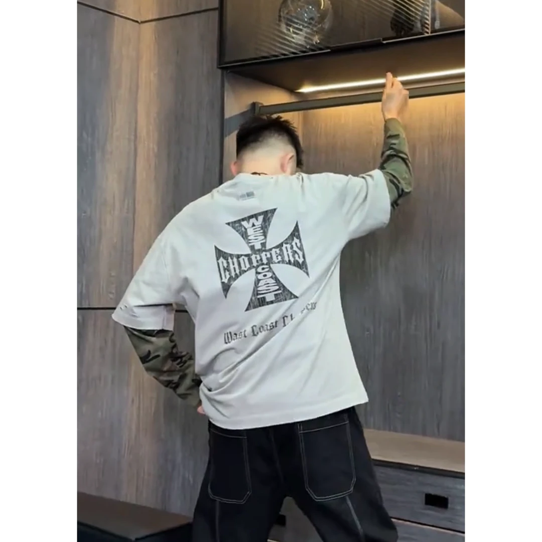 【语乐】87080早春长袖T恤全棉水洗宽松拼接迷彩袖假两件圆领卫衣