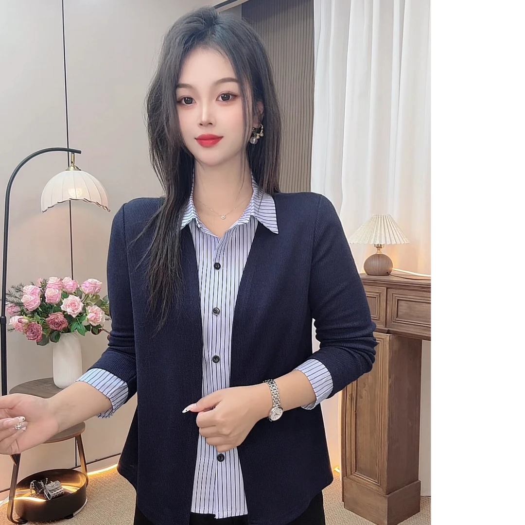 秋季新款上新时尚假两件条纹洋气显瘦气质百搭衬衣女款