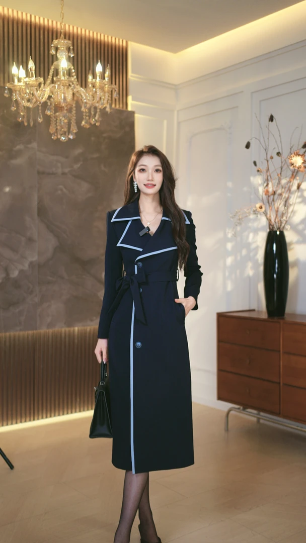 双排扣纯色秋冬常规款风衣宽松型中长款显瘦时尚长款