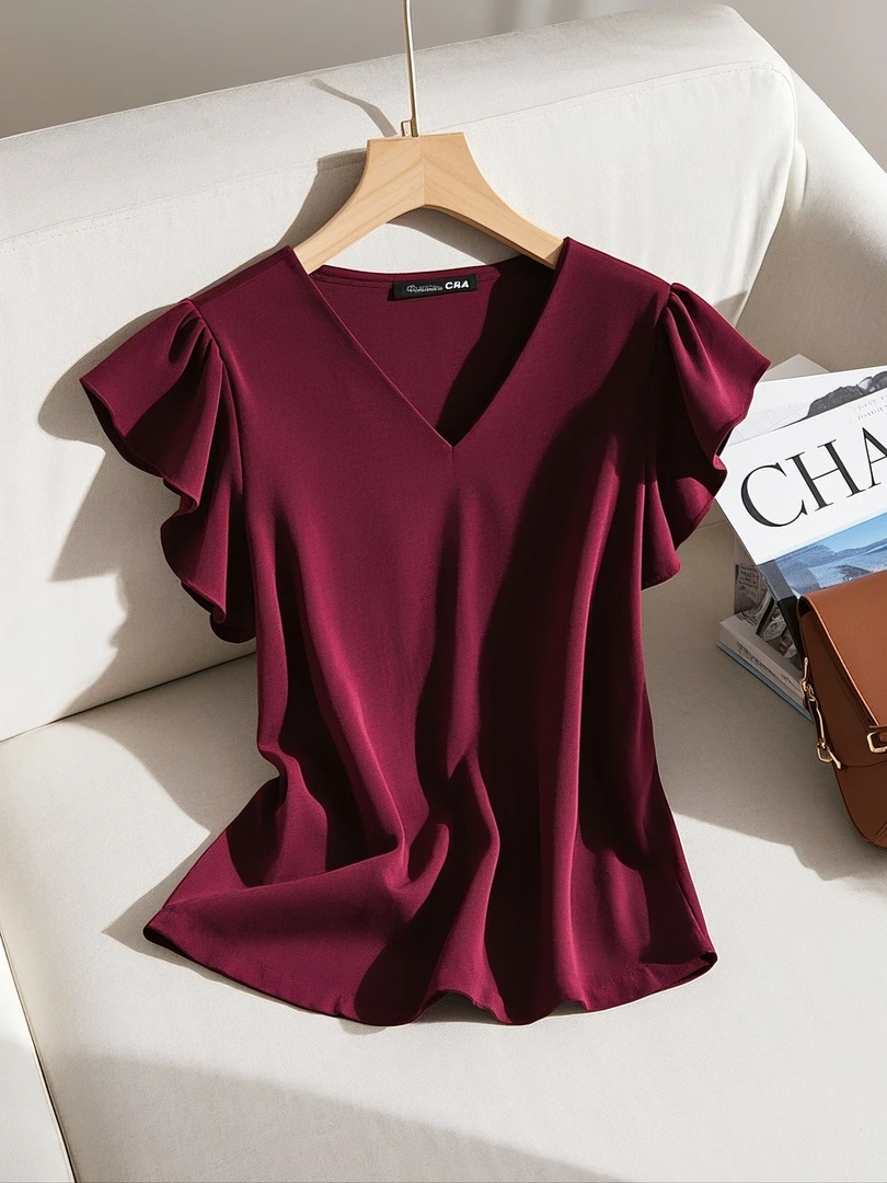 轻奢名媛气质酒红色v领小衫夏季2025新款韩版修身时尚飞飞袖上衣