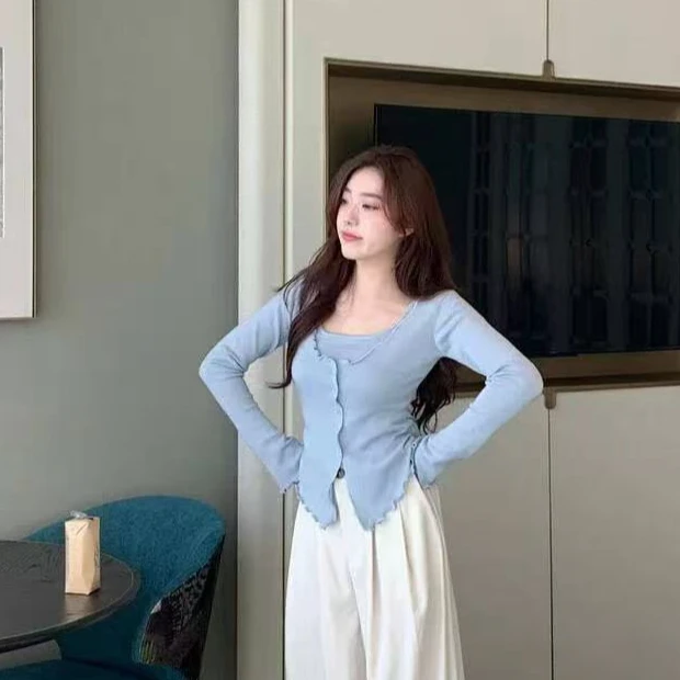 春季甜美气质简约吊带假两件设计感显瘦T恤