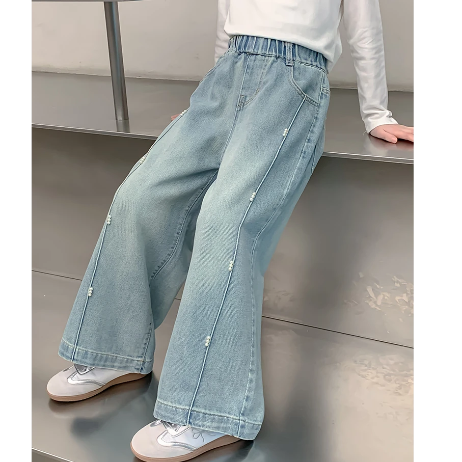 女童牛仔直筒裤春秋中大童女孩韩版阔腿裤时髦长裤女外穿
