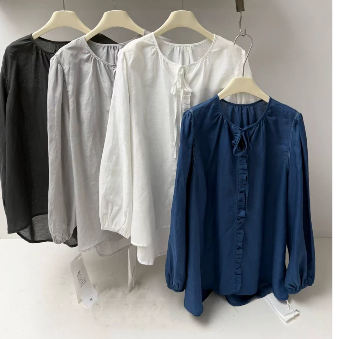 长袖圆领长款3D醋纤系带韩版纯色衬衫显瘦上衣纯色不规则小衫女装