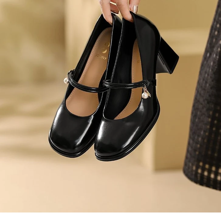 卓家浅口粗跟优雅玛丽珍鞋女夏季新款时尚方头百搭单鞋 6093