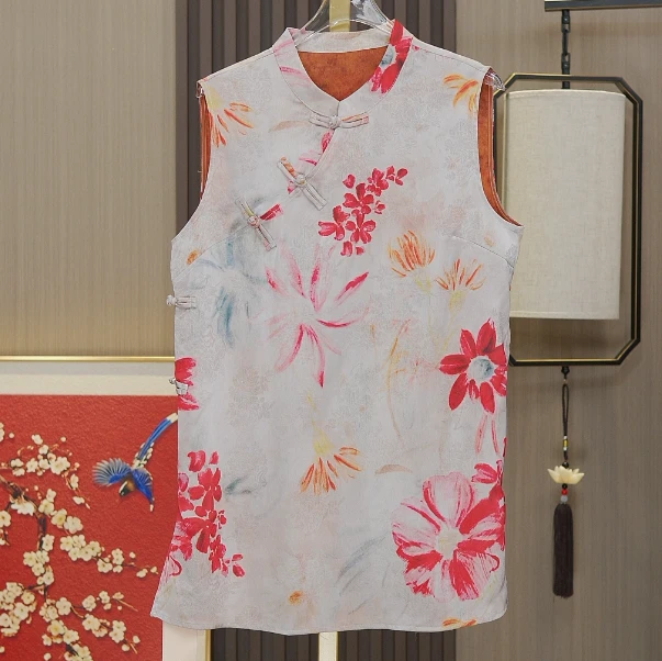 【奥黛凤凰花 】新中式桑蚕丝气质时尚显瘦气质长款立领斜襟手工衫