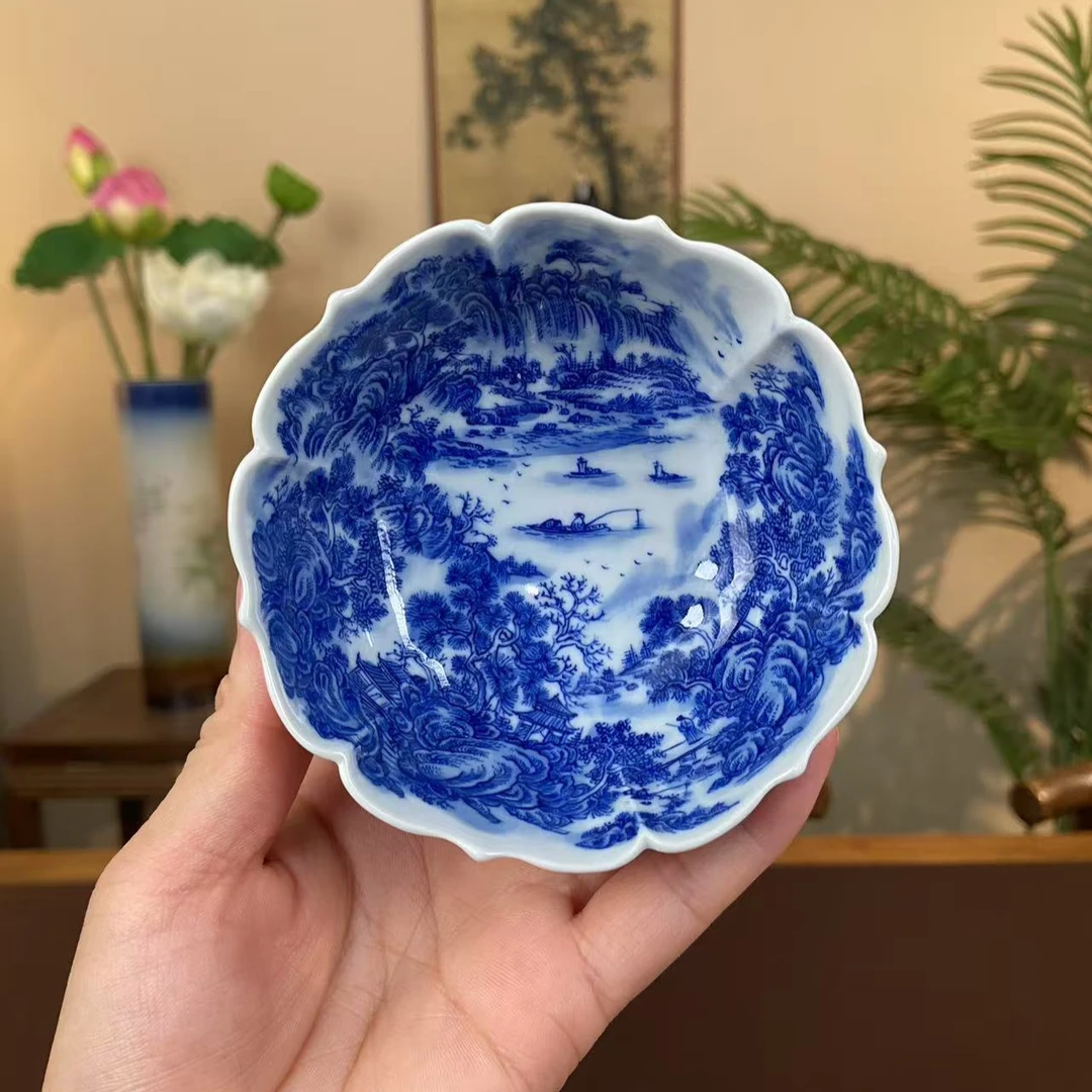 【九茗珍藏】细工满绘山水花口杯 景德镇纯手工手绘茶器茶具