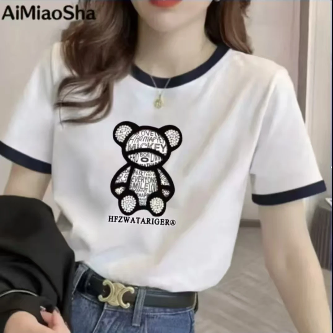 【拼色钻石熊】夏季网红款时尚百搭半袖设计感印花纯棉圆领T恤