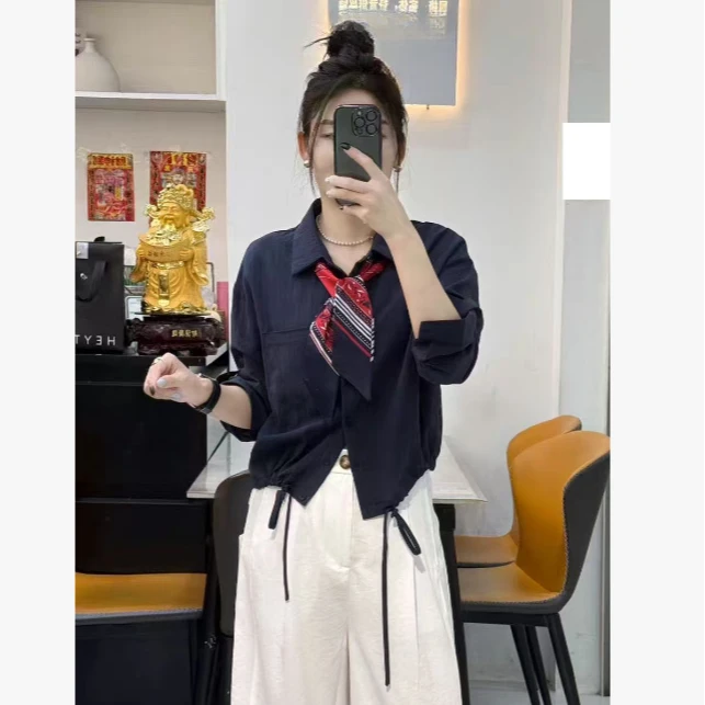 2025欧货早秋新款POLO领配丝巾抽绳设计长袖衬衫#9502【衣长56】