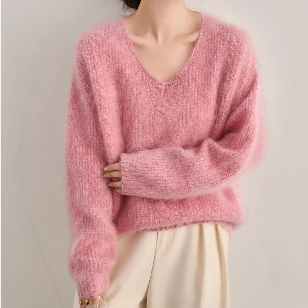 【潮牌时尚】山羊绒短款常规款V领宽松型时尚打底百搭纯色气质长袖