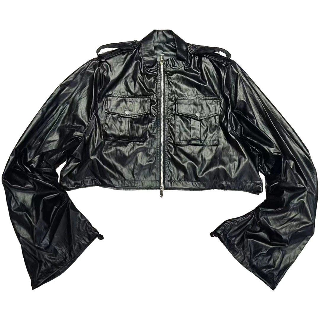 下摆袖口抽绳涂层短外套