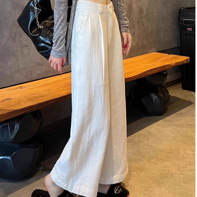 白色老钱风休闲裤女秋季薄款高腰显瘦垂感慵懒百搭奶芙阔腿裤