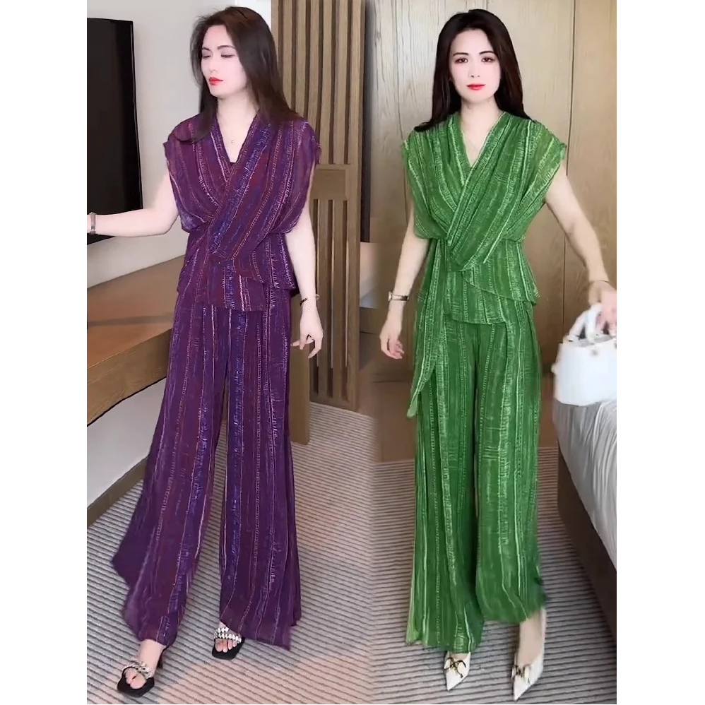 时尚雪纺套装女2025夏季新款时髦洋气设计感V领上衣阔腿裤两件套