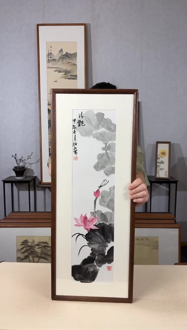 国画手绘*荷花*28*72cm实木框