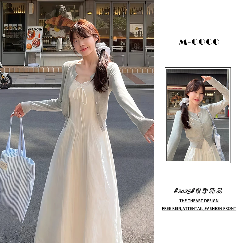 大码夏季法式温柔风蕾丝边白色吊带连衣裙女收腰气质海边度假长裙