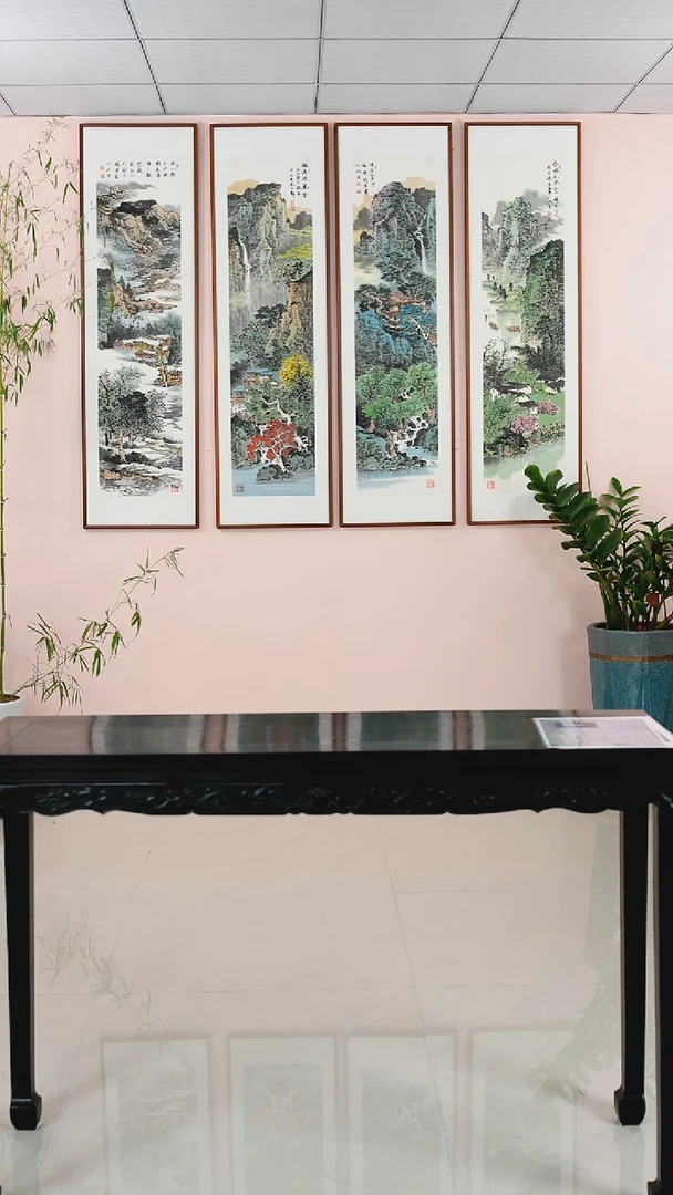 国画张现军《春夏秋冬山水四条屏》纯手绘檀木框162*47厘米