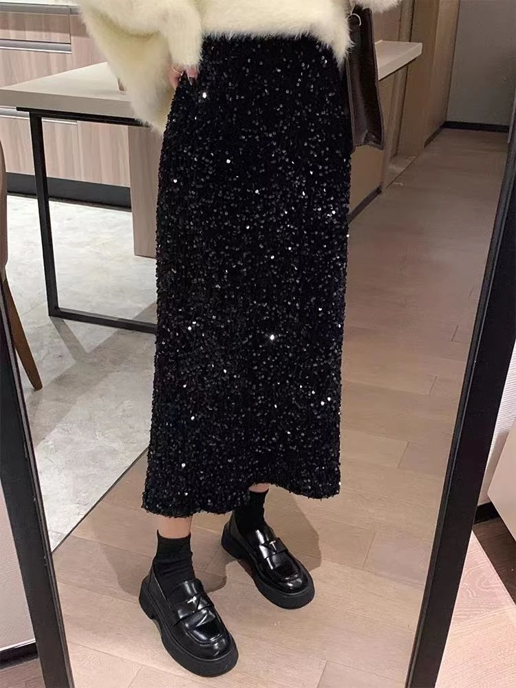 丝绒亮片半身裙女秋季黑色亮闪闪半裙小个子长裙直筒开叉显瘦裙子
