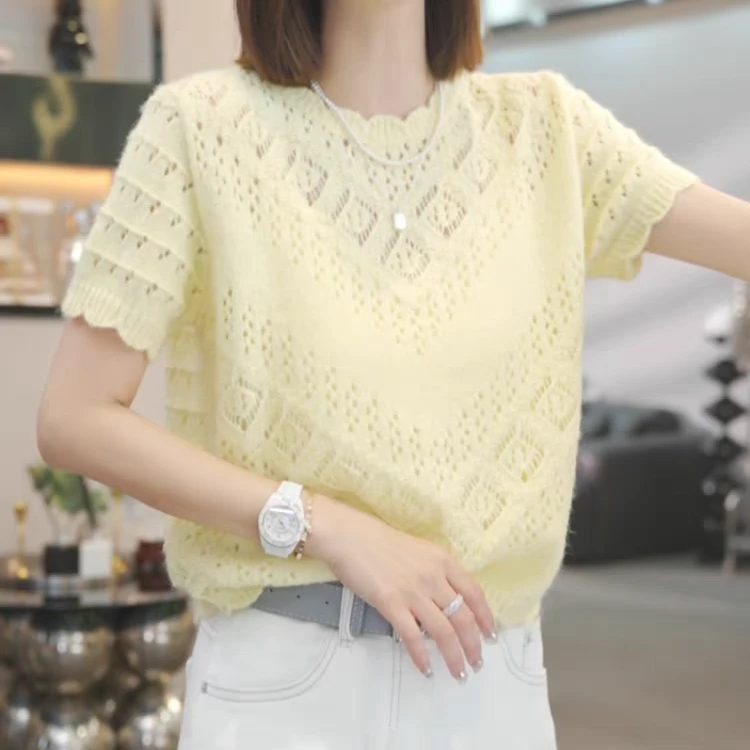 高级感重工钩花镂空短袖针织衫大码女装夏季2025新款显瘦宽松上衣