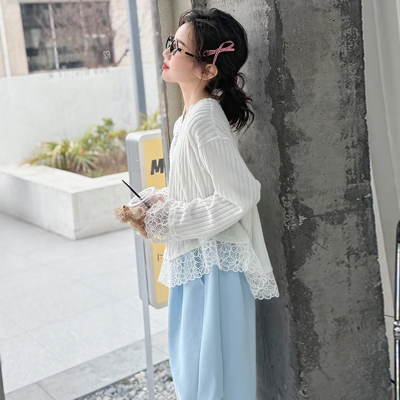 【Maila童装】女童慵懒风针织套装春季白色蕾丝上衣韩版弯刀裤套装