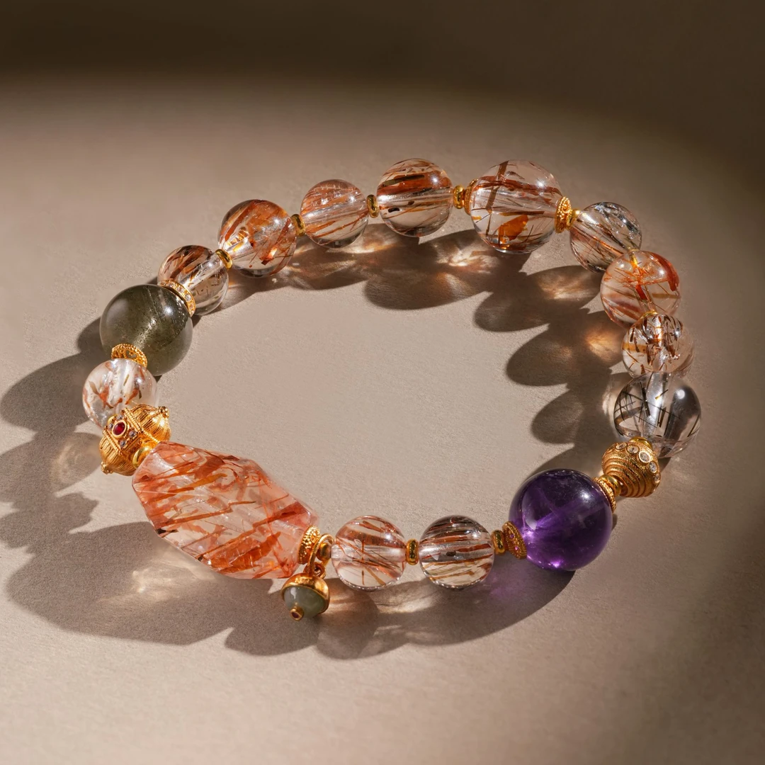 VS珠宝10-11mm天然黑金超七绿幽灵紫水晶设计款多宝水晶手串