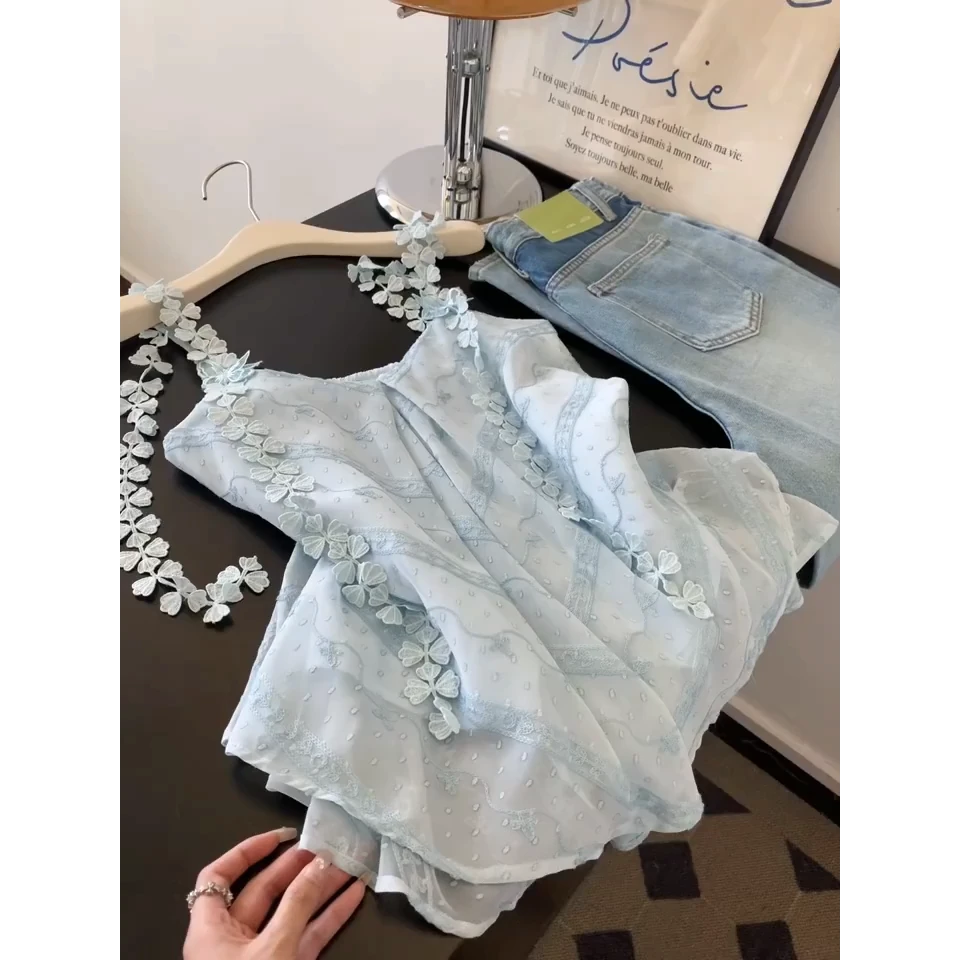 夏日绝美漂亮小吊带背心女夏外穿蓝色露背无袖上衣高级感2025新款