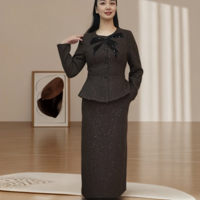 8826#咖【木兮兮专属】2026年春季新款气质时尚亮片修身百搭套装女
