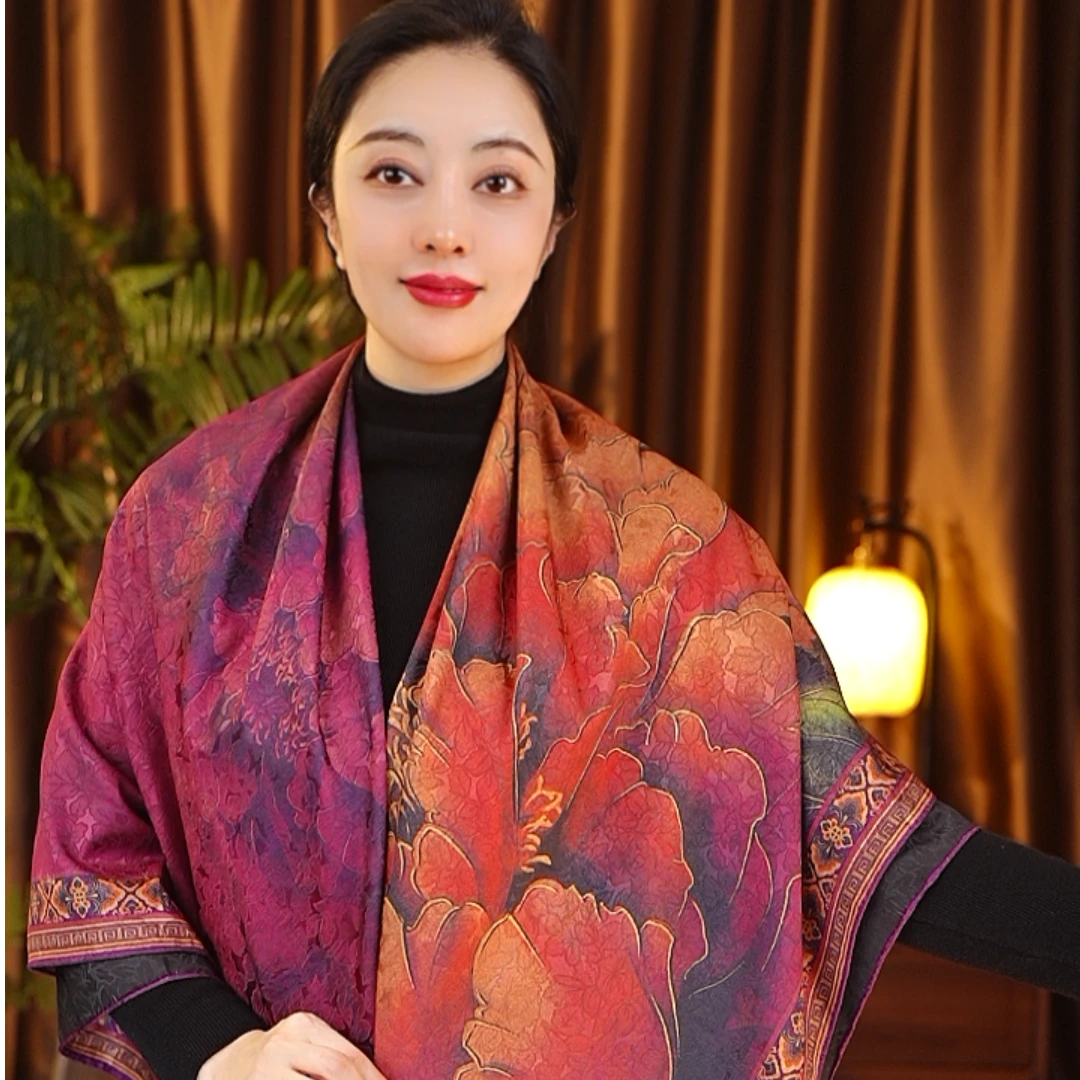 【花开富贵】冠乐皱140大方巾围巾女士丝巾百搭双面戴时尚洋气