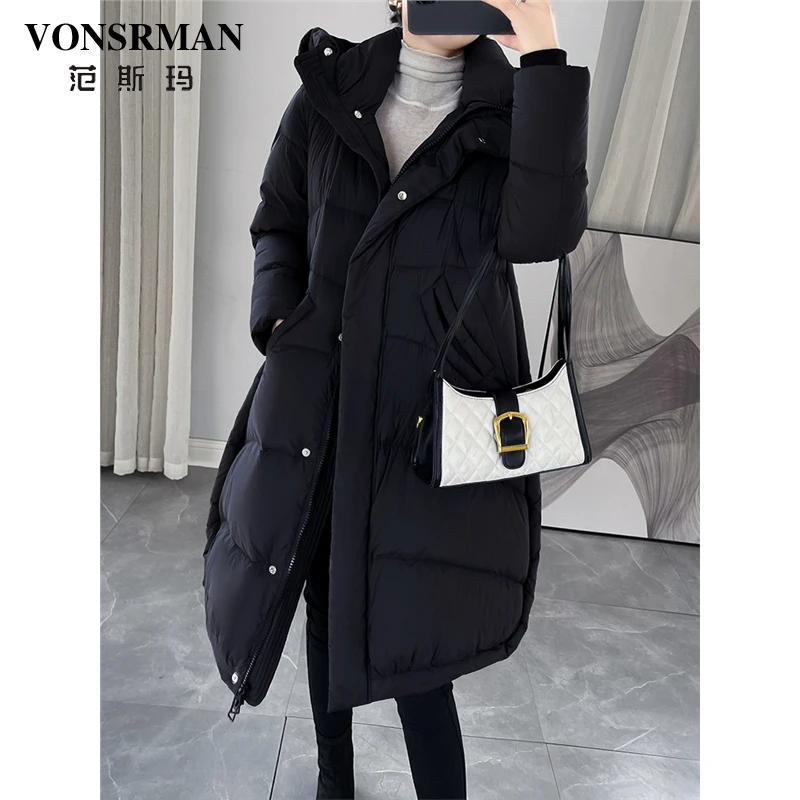 黑色连帽白鸭绒羽绒服女2025冬季新款时尚洋气加厚保暖中长款外套