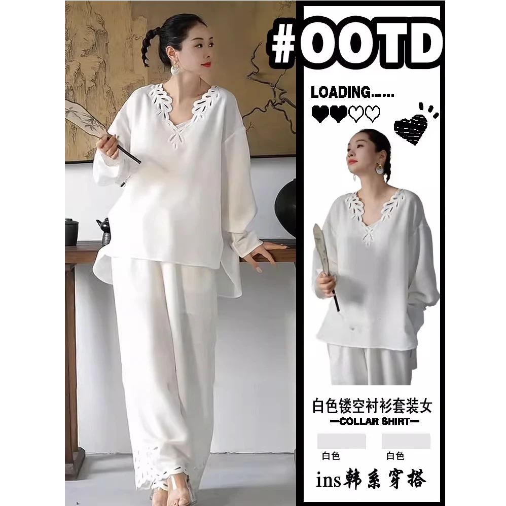 欧货大码白色苎麻套装女2025新款V领长袖亚麻衬衫阔腿裤两件套秋