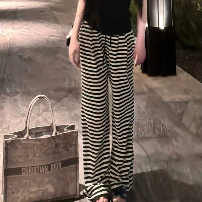 【TONG】黑白条纹针织垂感阔腿直筒裤（242）