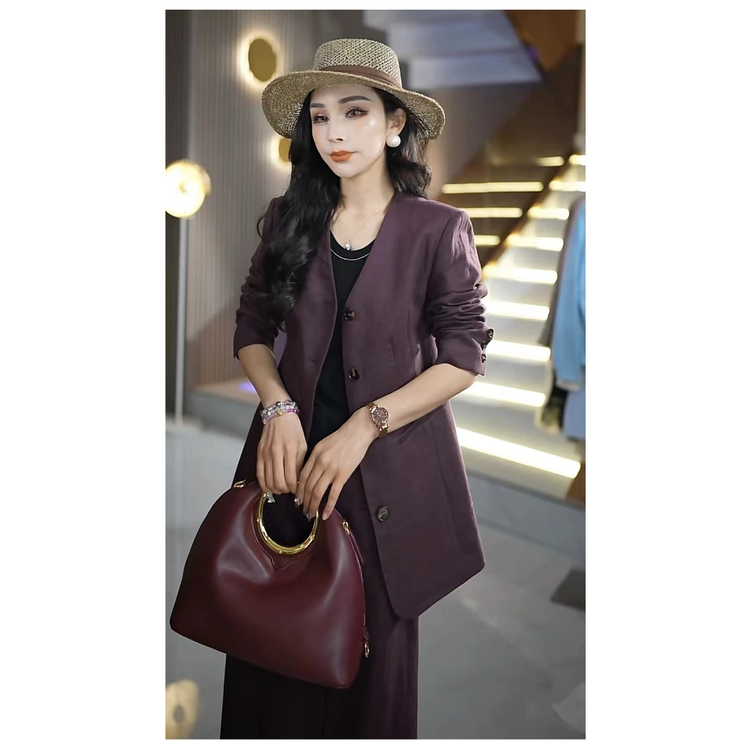 新款时尚百搭收腰显瘦无领100雨露亚麻贵气西装ML25756XZ