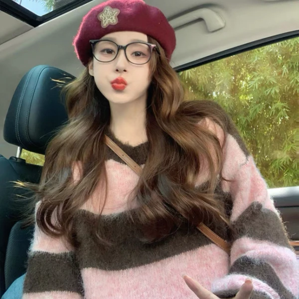 马海毛条纹套头毛衣女2025新款加厚秋冬季oversize复古减龄针织衫