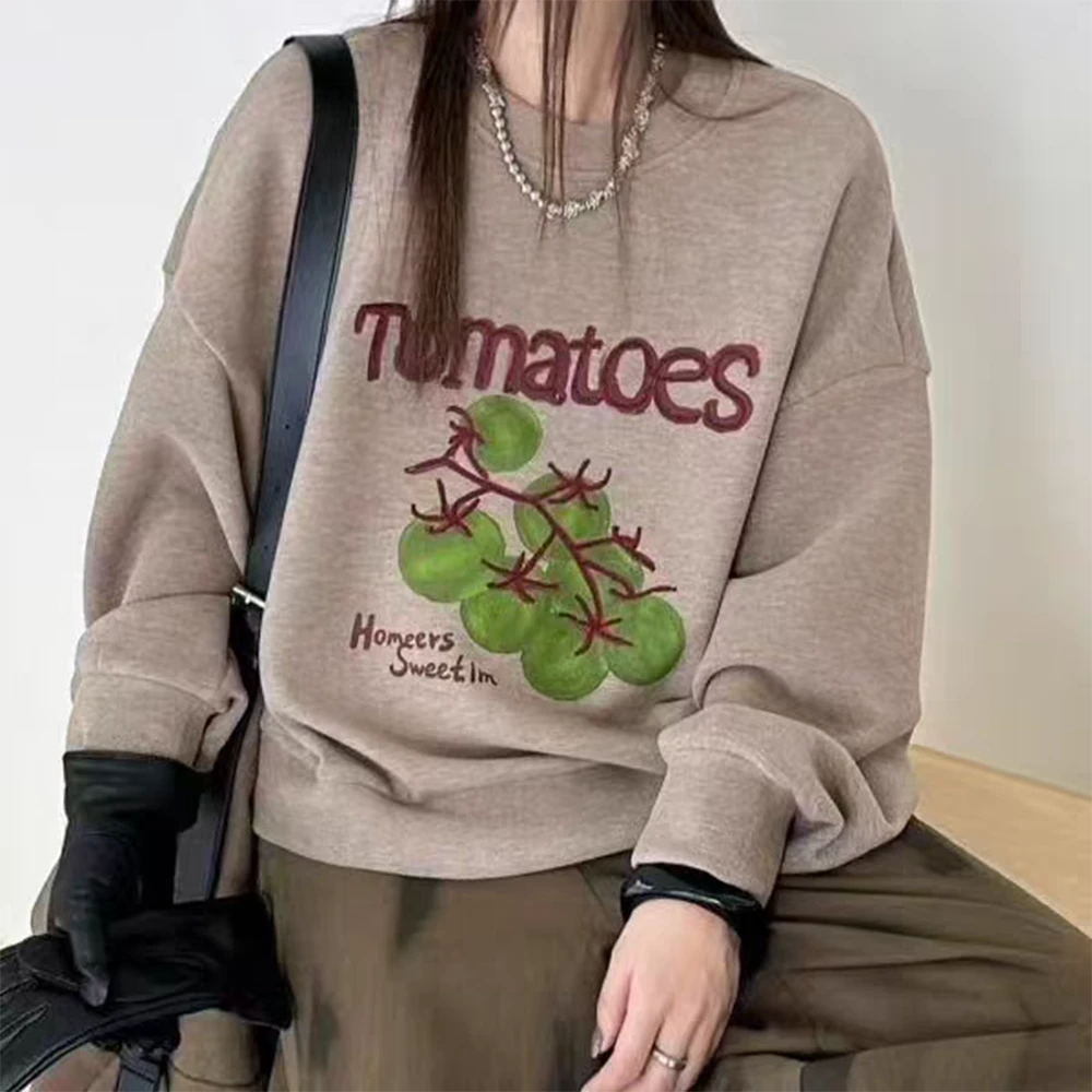 秋冬新款百搭休闲2025番茄图案设计感圆领宽松长袖卫衣女C6359