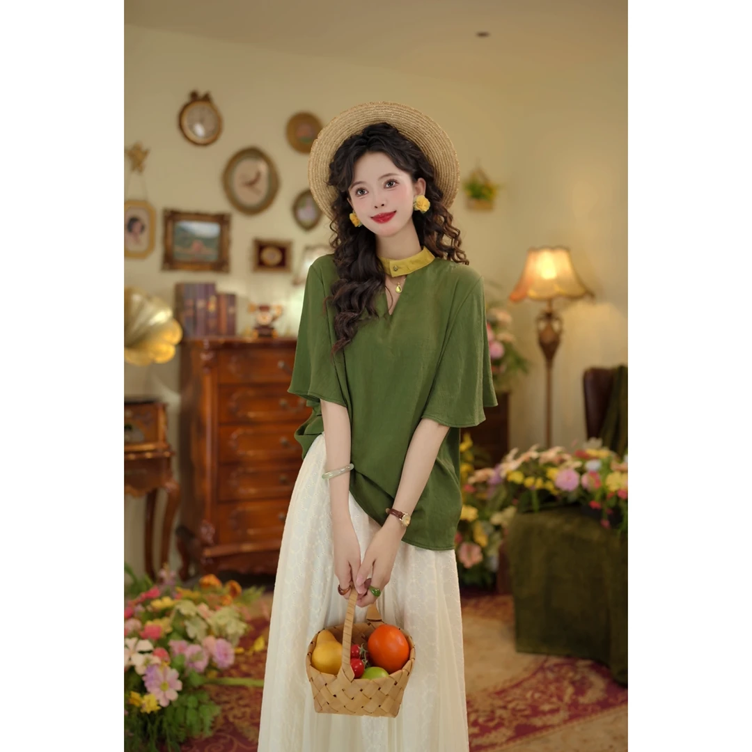 扣子家【青海湖畔】港风复古正反两穿衬衫设计感上衣KK0425507