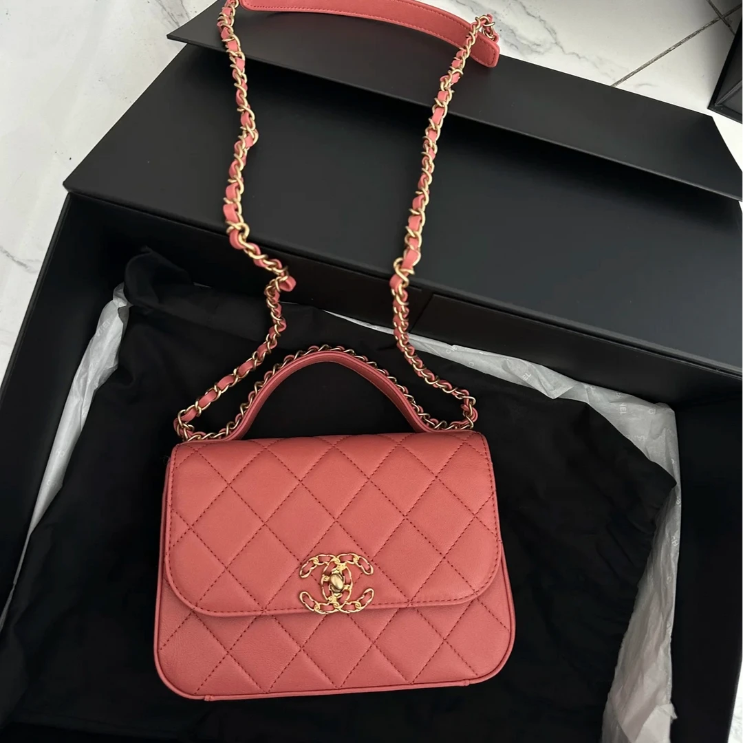 99新 Chanel/香奈儿 2473|香奈儿19邮差粉色斜挎包小号