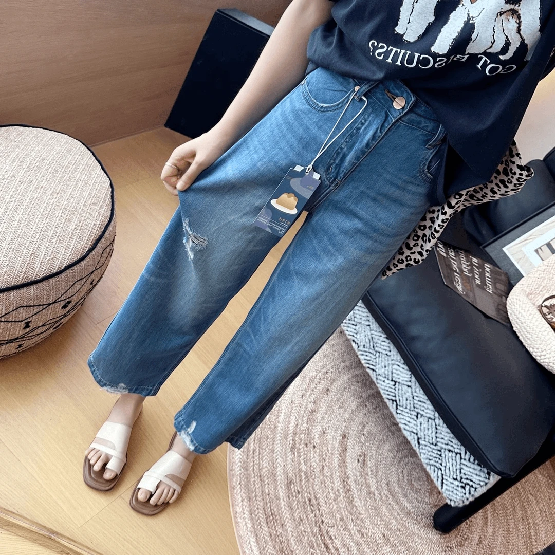 夏季薄款破洞凉爽九分裤显瘦直筒女牛仔裤小个子高腰宽松阔腿裤子