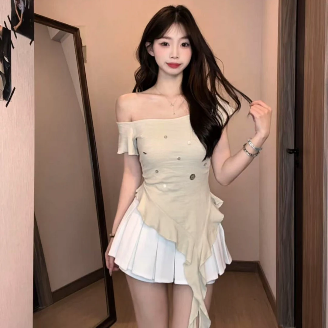 纯欲荷叶边褶皱不规则短袖T恤女2025年夏季新款立体装饰修身上衣