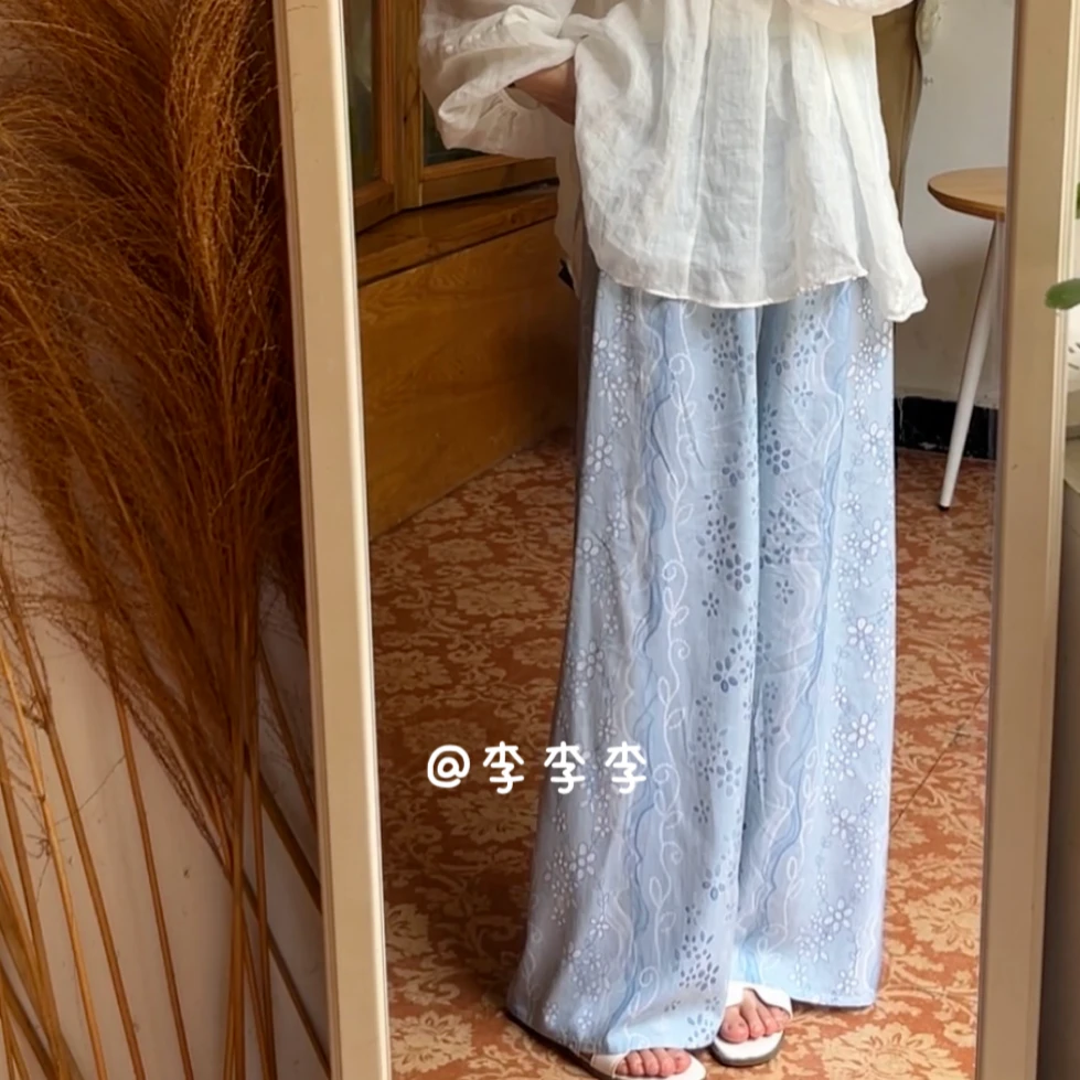 新款棉绸女士薄款夏季居家沙滩九分加大码宽松棉绸印花阔腿裤k01