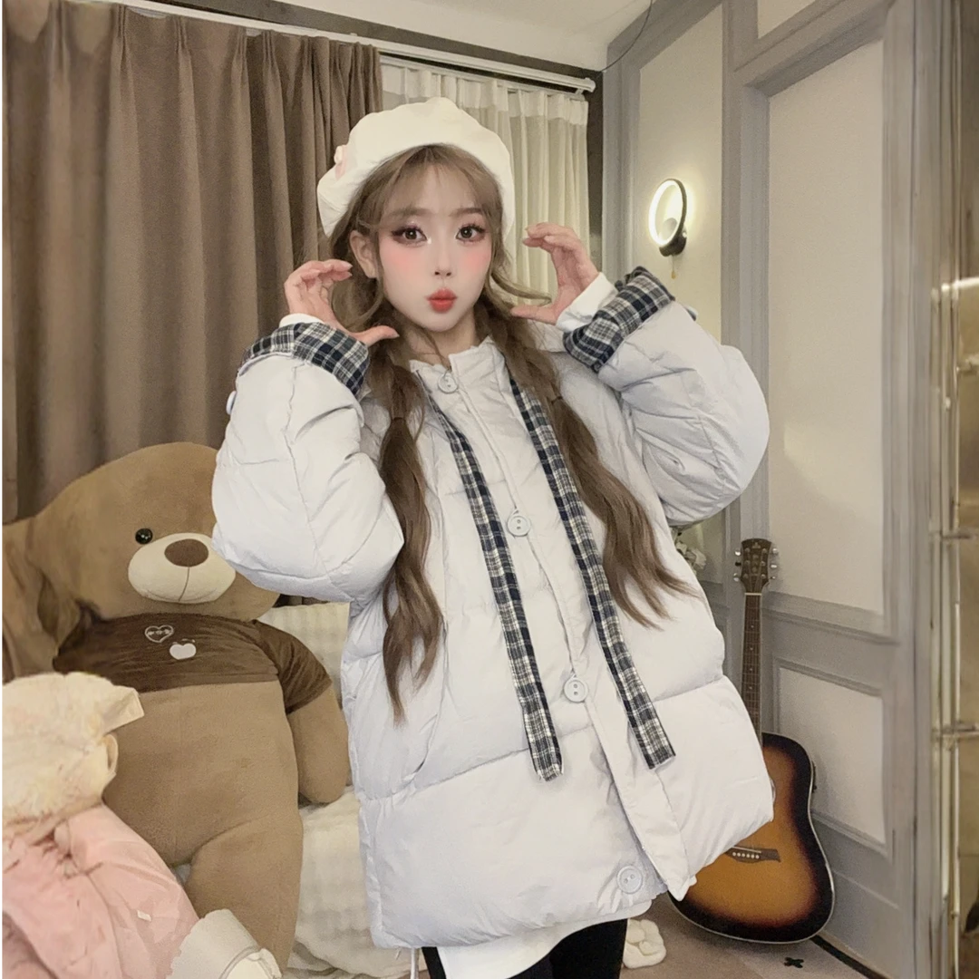 518 飘带格纹中长款服设计感洋气超好看加厚保暖面包服