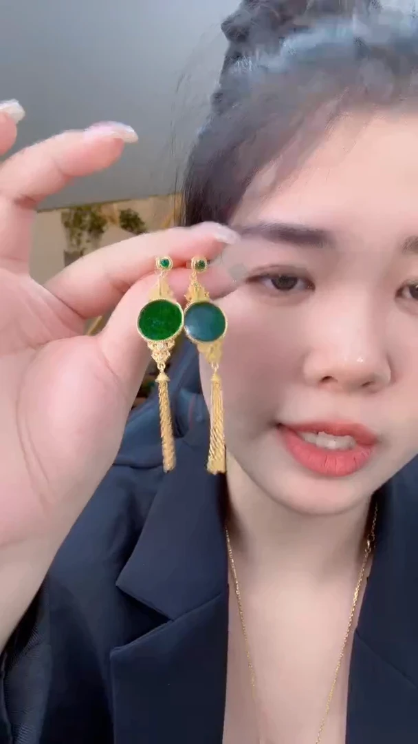 【闪购商品】翡翠耳饰银S925镀金镶嵌天然缅甸A货翡翠耳环
