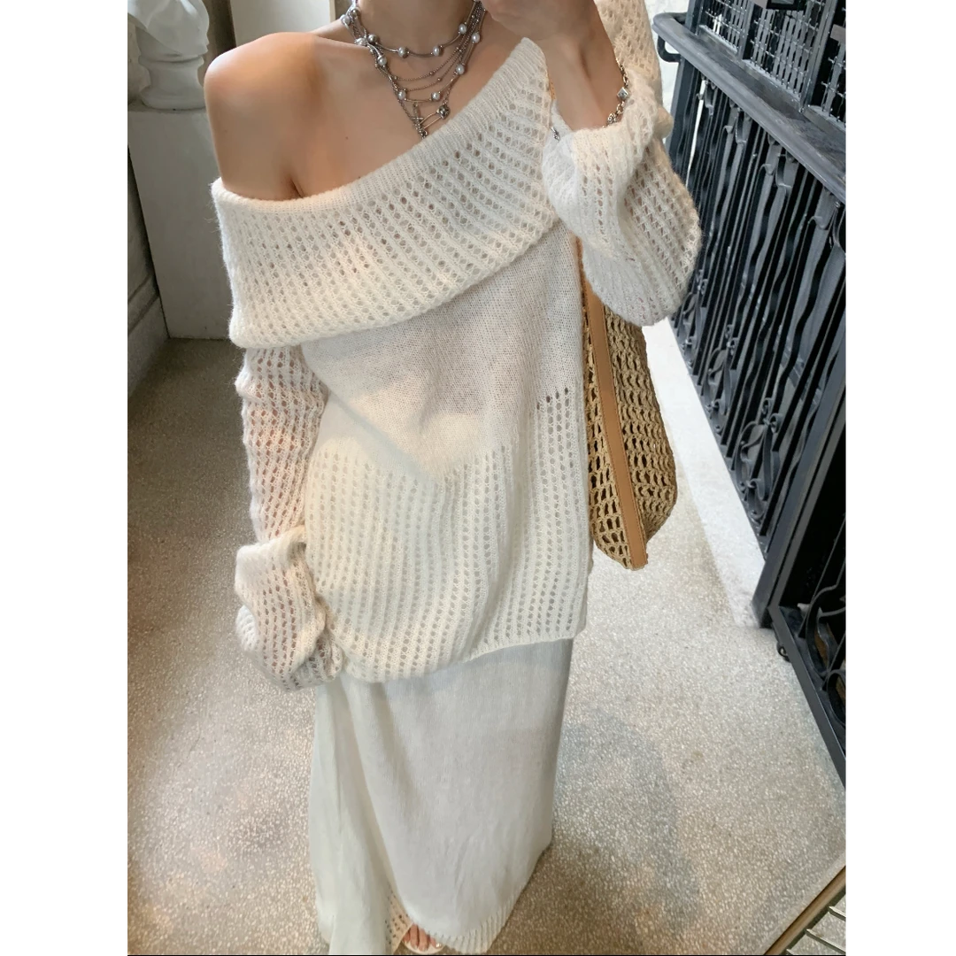 早秋新款露肩镂空微透针织上衣慵懒休闲风半身裙两件套装
