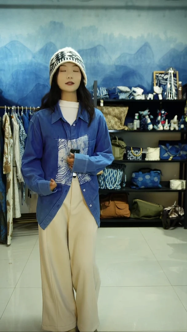 织绣手工蓝染+蜡染衬衫