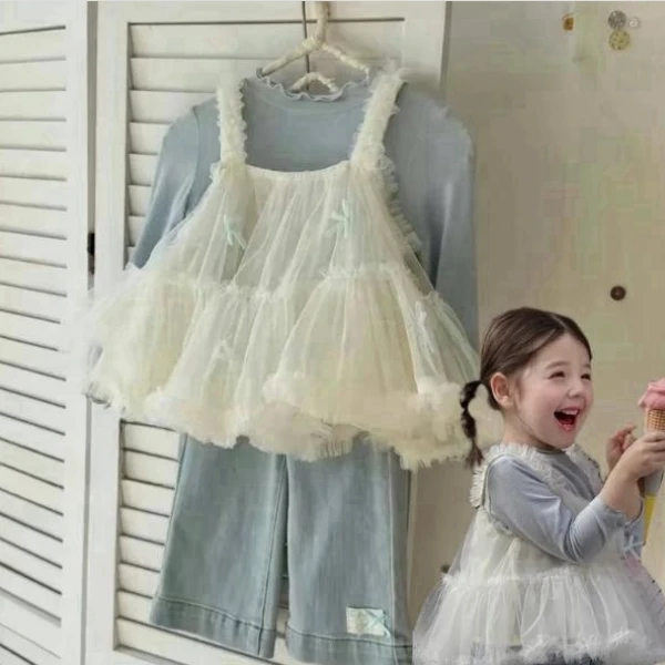 2025新款女童春季新款韩版甜美洋气女孩网纱小吊带+蓝色T恤套装