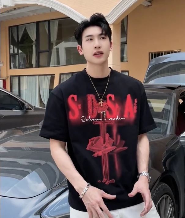 T324-DZ新款美式十字架玫瑰T恤夏季男女休闲宽松时尚短袖情侣百搭