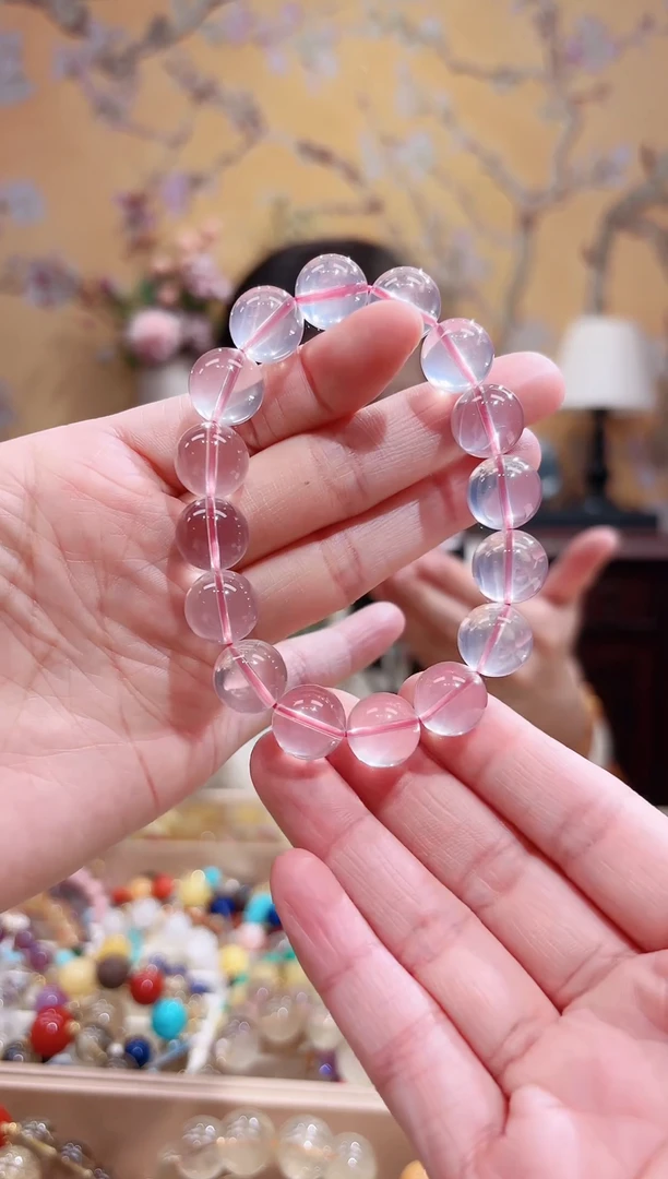 未镶嵌手链水晶12+天然粉晶，莫桑比克星光粉，天然晶体结构