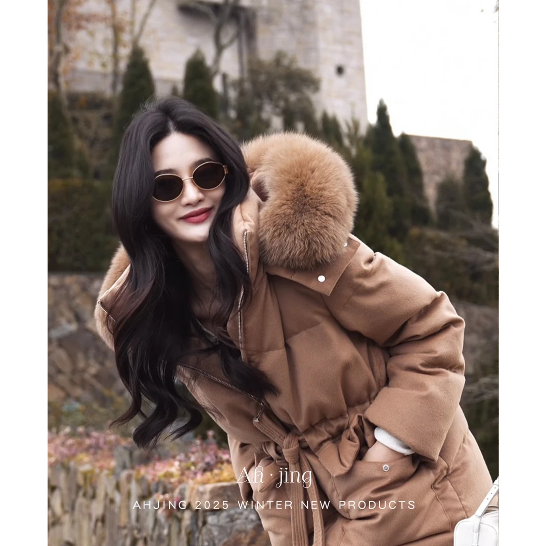 Ah·Jing 梓静 冬季保暖中长款百搭连帽加厚狐狸毛领鹅绒服1035