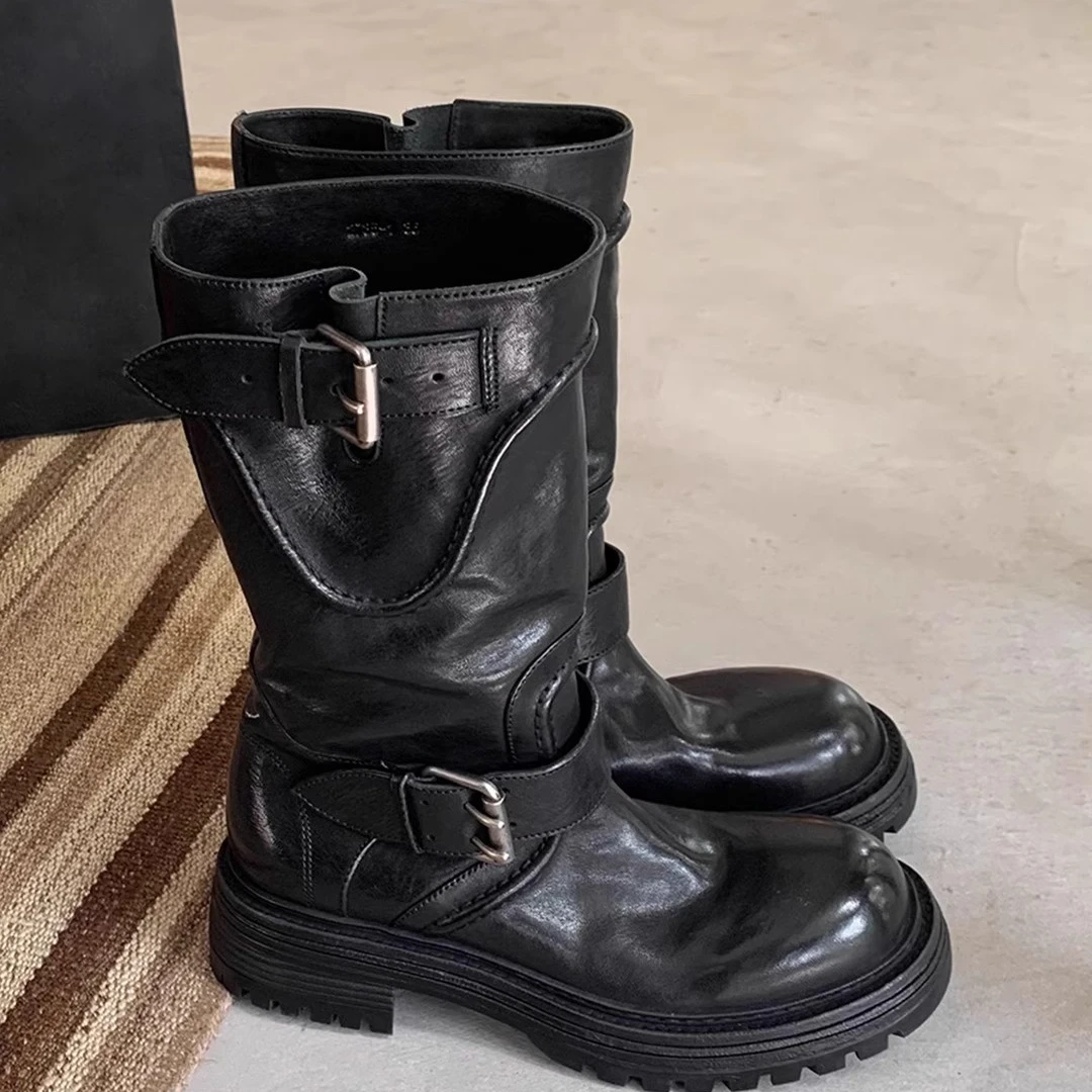 水洗马皮酷飒圆头扣带厚底骑士靴女朋克街头机冬季加绒加厚皮靴