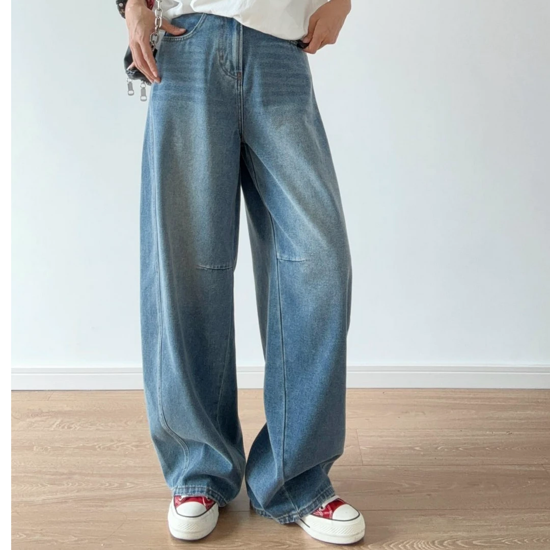 【中古风松弛感】韩国单！早春分割压褶宽松复古牛仔裤-81331