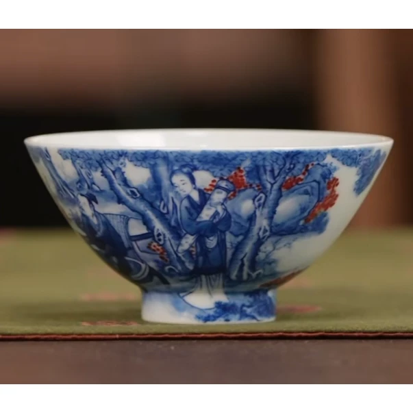【小乔赏瓷】司陶坊青花釉里红人物鸡心杯2stf176